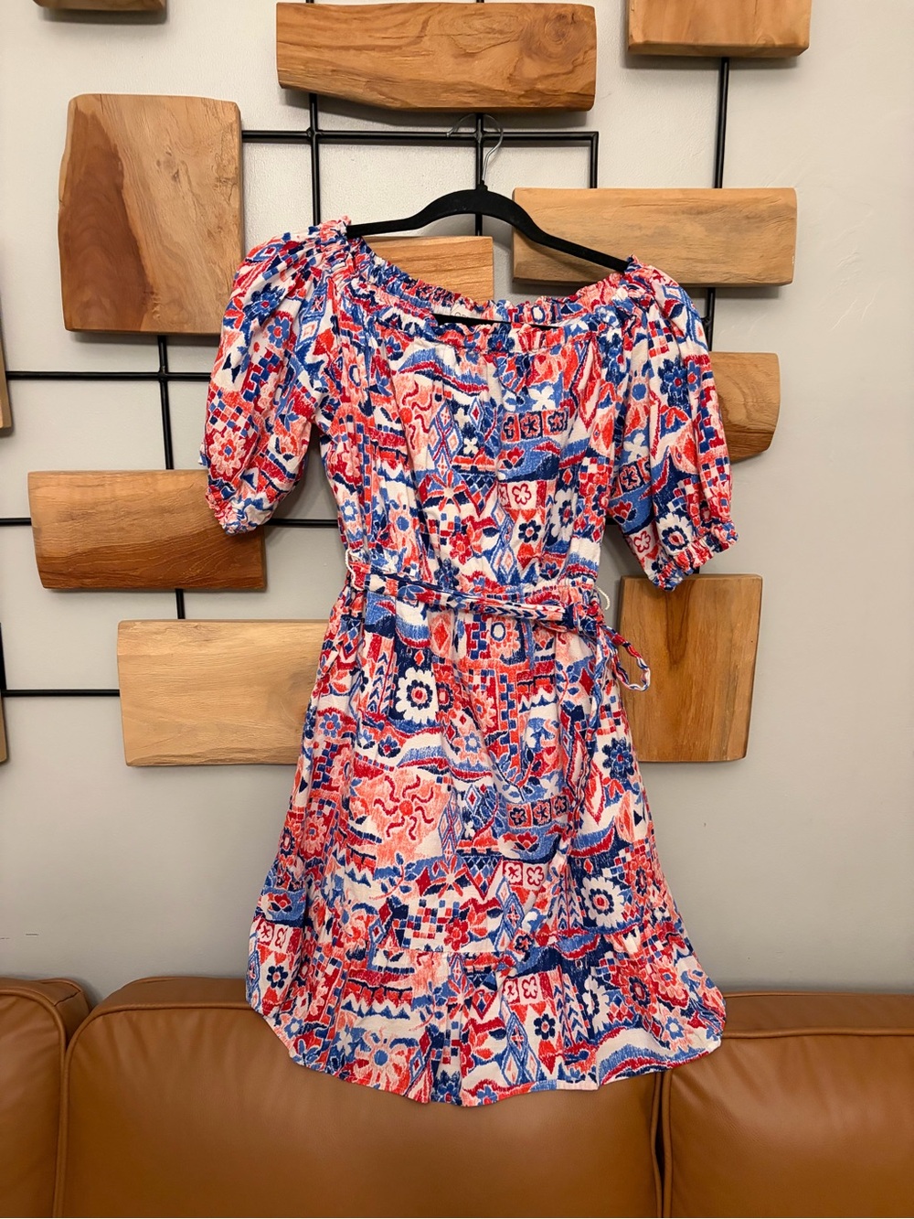 LOFT Off the -Shoulder Printed Mini Dress in Red, Blue & White
